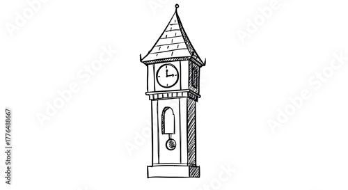 Hand drawn tower clock sketch with classic architectural design