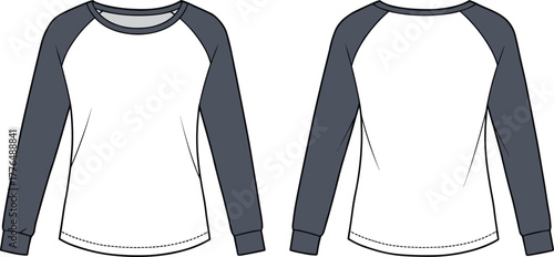 Raglan sleeve shirt, long sleeve top, fashion sketch, garment flat, white body, gray sleeves, apparel design, clothing template, vector illustration, casual wear