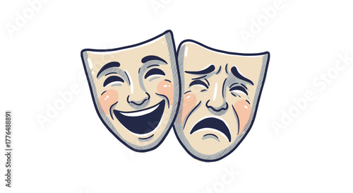 Theater masks depicting comedy and tragedy in vibrant sketch style