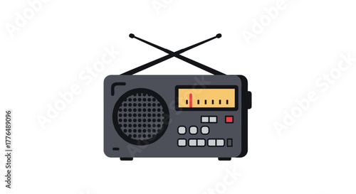 Retro portable radio with antennas and buttons in flat design style
