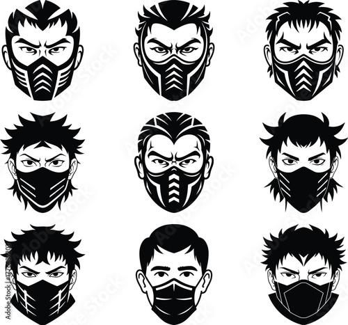 Collection of fierce masked warrior faces in black and white