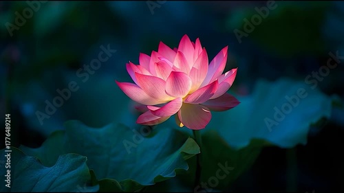 A vibrant pink lotus flower blooming in a serene setting, surrounded by lush green leaves and a soft, atmospheric background.