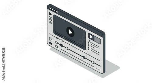 Isometric media player interface with play button and controls