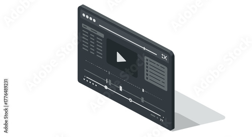 Isometric video player interface with controls and play button