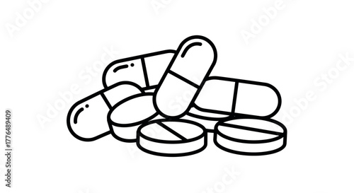 Black and white outline of pills and tablets—healthcare and medication theme