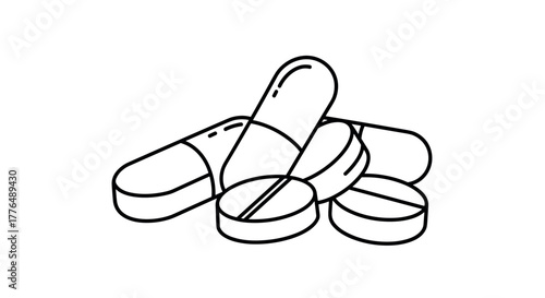Simple outline of mixed capsules and tablets on white background