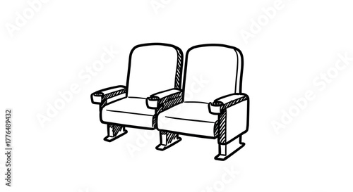 Handdrawn cinema seating black and white sketch of theater chairs