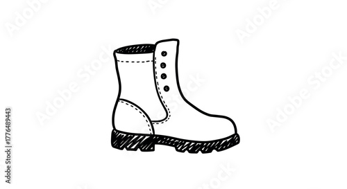 Handdrawn combat boot in black and white with buttons