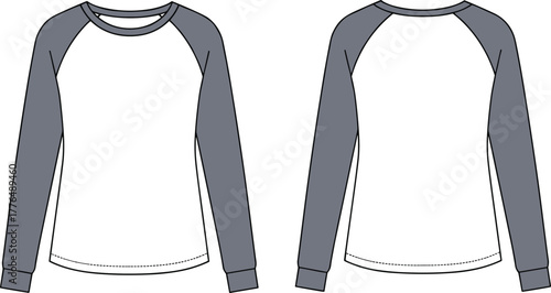 Raglan sleeve shirt, long sleeve top, white and gray shirt, casual wear, fashion sketch, apparel design, front and back view