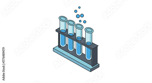 Isometric laboratory test tubes with bubbles in holder for scientific experiments