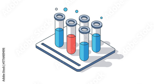 Isometric laboratory test tubes with colorful liquid on tray