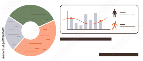 Pie chart showcasing distribution, bar graph tracking trends, human icons denoting demographics. Ideal for data analysis, statistics, performance metrics, business strategies, research, technology