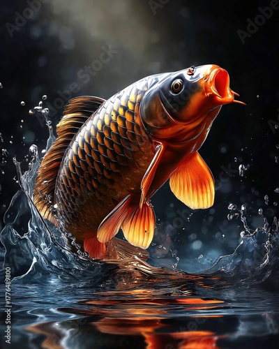 Carp fish jumping out of the water. Generative Ai