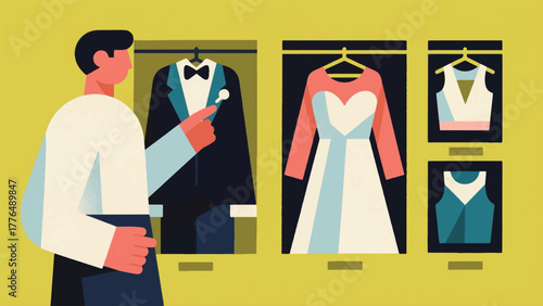 Illustration Vector Person Choosing An Outfit For A Specific Event Wedding Or Dinner Date From A Small Selection Of Clothes Vector Design Template