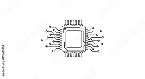 Minimalist microchip design with circuit lines on white background