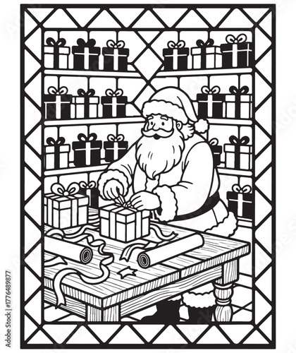 Santa claus busily wrapping christmas presents in his festive workshop, surrounded by many prepared gifts and ribbons.