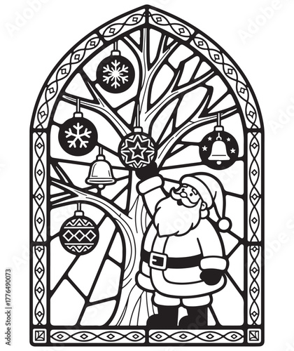 Santa claus decorating a christmas tree with festive ornaments in a stained glass window arch