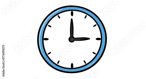 Simple hand drawn wall clock with black hands and blue frame on white background
