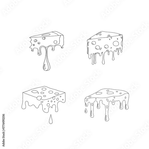 Melting cheese slice dripping. Gooey tasty dairy topping. Cheddar mozzarella snack icon. Creamy food ingredient for pizza sandwich burger design. Minimal outline vector and cartoon fill style.