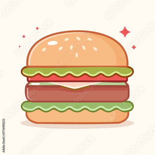 Pixel Art Cheeseburger With Sesame Seed Bun Lettuce Tomato Cheese And Meat Patty On A Light Yellow Background With Sparkles