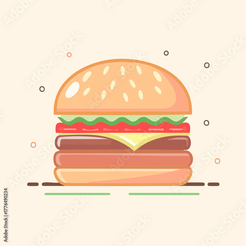 Pixel Art Hamburger with Sesame Seed Bun Lettuce Tomato Cheese and Two Patties on a Light Beige Background