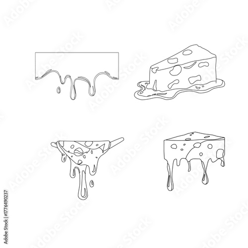 Melting cheese slice dripping. Gooey tasty dairy topping. Cheddar mozzarella snack icon. Creamy food ingredient for pizza sandwich burger design. Minimal outline vector and cartoon fill style.