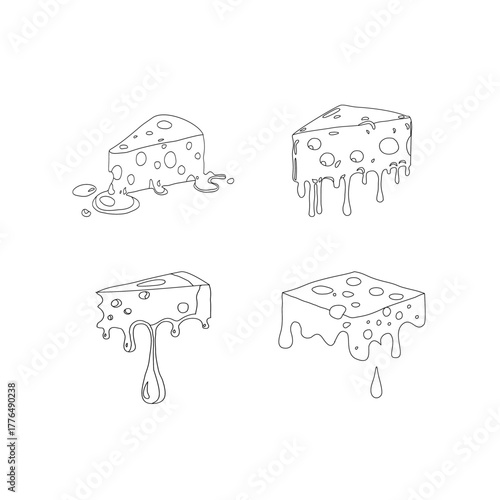 Melting cheese slice dripping. Gooey tasty dairy topping. Cheddar mozzarella snack icon. Creamy food ingredient for pizza sandwich burger design. Minimal outline vector and cartoon fill style.