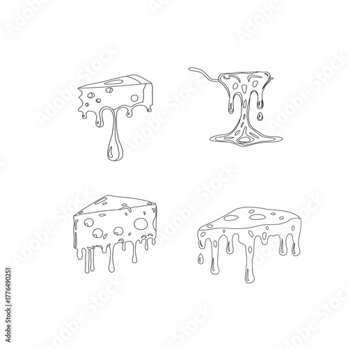 Melting cheese slice dripping. Gooey tasty dairy topping. Cheddar mozzarella snack icon. Creamy food ingredient for pizza sandwich burger design. Minimal outline vector and cartoon fill style.