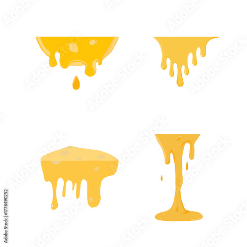 Melting cheese slice dripping. Gooey tasty dairy topping. Cheddar mozzarella snack icon. Creamy food ingredient for pizza sandwich burger design. Minimal outline vector and cartoon fill style.