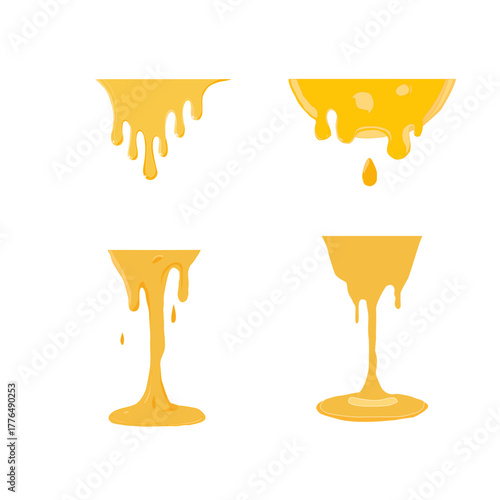 Melting cheese slice dripping. Gooey tasty dairy topping. Cheddar mozzarella snack icon. Creamy food ingredient for pizza sandwich burger design. Minimal outline vector and cartoon fill style.