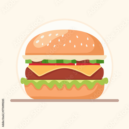 Delicious Burger With Cheese Lettuce Tomato And Sesame Seed Bun On Light Orange Background Studio Shot