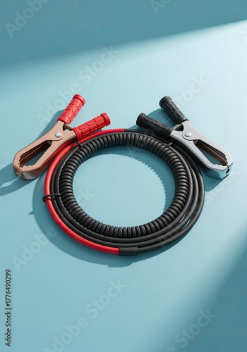 A set of jumper cables with red and black clamps coiled on a light blue background. The cables are used for jump-starting vehicles.