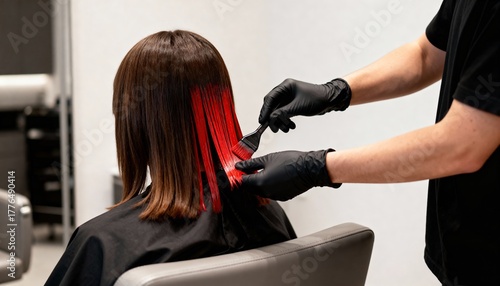 A young woman with brown hair is having red highlights applied by a stylist. The stylist wears black gloves and works in a modern salon setting.
