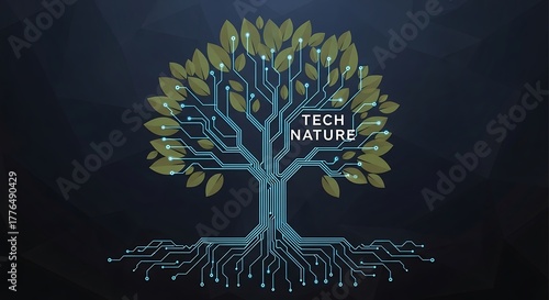 Digital circuit tree with green leaves, symbolizing technology and nature