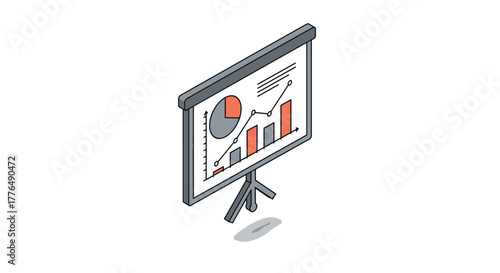 Isometric business presentation with bar and pie charts on screen