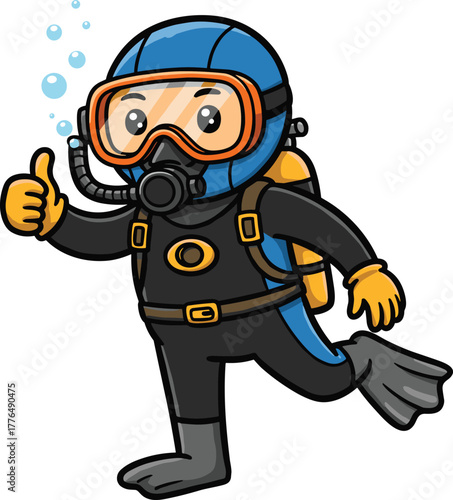 Cartoon scuba diver underwater, wearing wetsuit, snorkel, flippers, oxygen tank, giving thumbs up, marine gear, ocean exploration, safety illustration