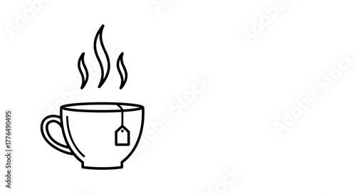 Minimalist black and white line art of a steaming tea cup with teabag