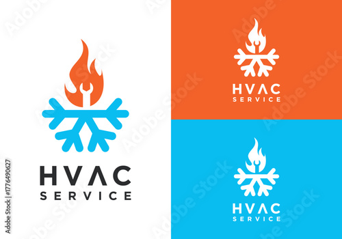 HVAC fan and flame vector logo design. Simple modern HVAC design, Snowflake vector design concept for heating, cooling and conditioning.