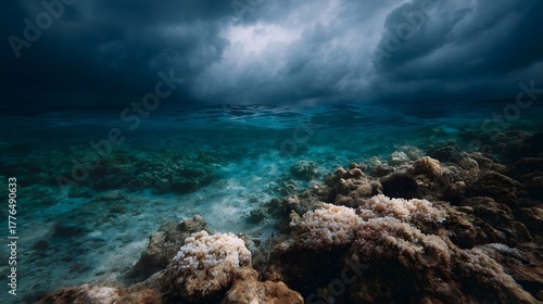 Fototapeta Naklejka Na Ścianę i Meble -  Underwater coral reef beneath stormy dark clouds dramatic ocean seascape
