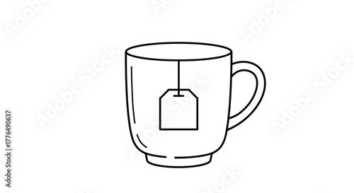 Minimalist line art of tea cup with teabag on white background