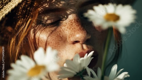 Dreamy portrait with daisies in warm sunlight