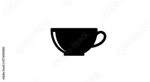 Minimalist silhouette of black coffee cup on white background