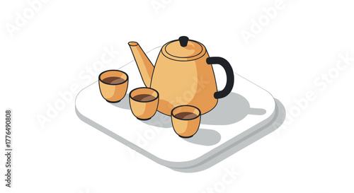Isometric teapot and cups on tray with shadows in modern design