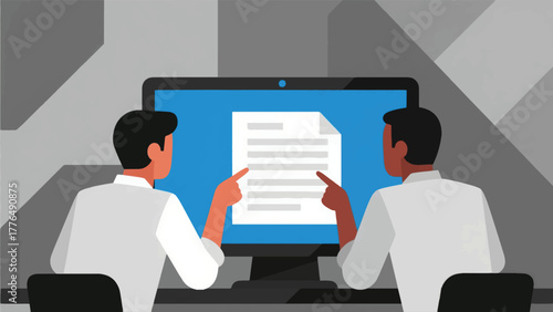 Illustration Vector Person Collaborating With A Colleague Via A Shared Digital Document, Showing Two Cursors On One Screen Vector Design Template