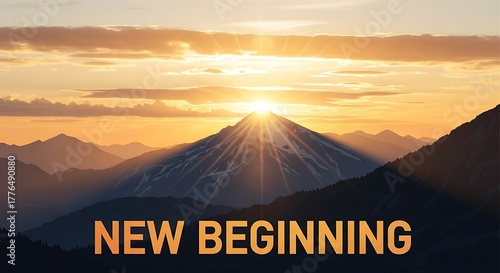 New Beginning text with sun rising over mountains