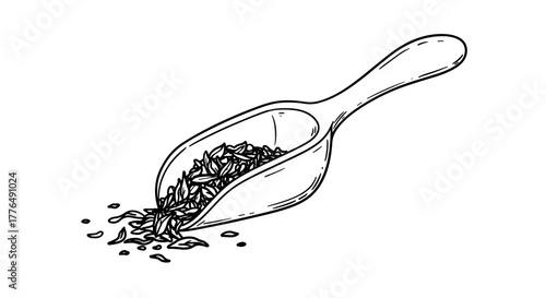 Hand drawn scoop with spilled seeds on white background