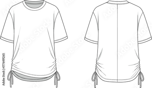 Short sleeve t-shirt fashion sketch, front and back view, adjustable drawstring hem, technical garment illustration, apparel design template, vector
