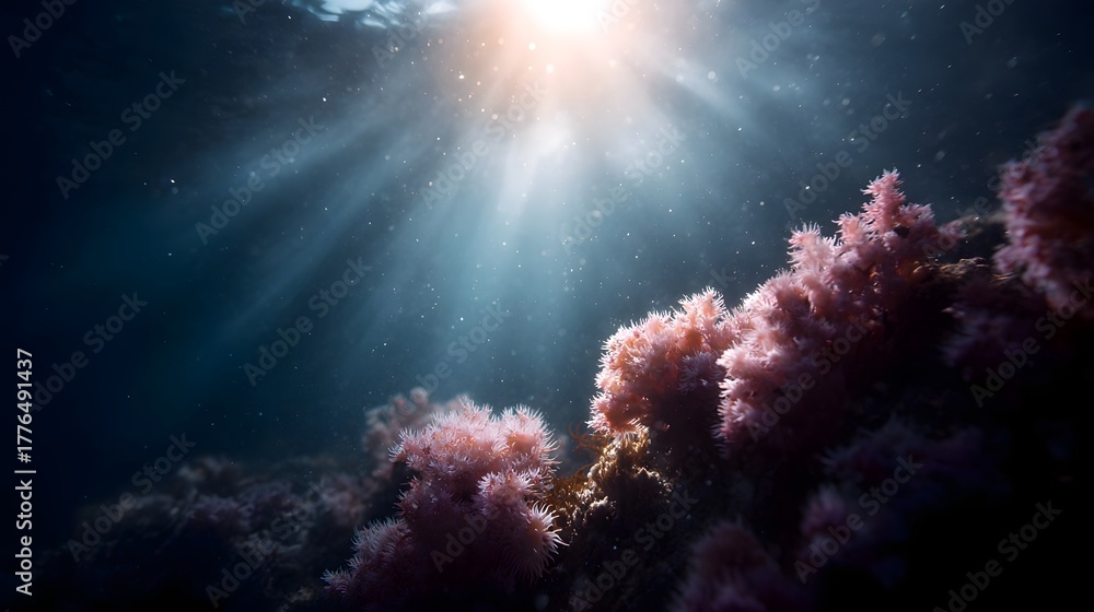 Obraz premium Sunlight streams illuminate vibrant pink coral growth in a deep blue ocean underwater