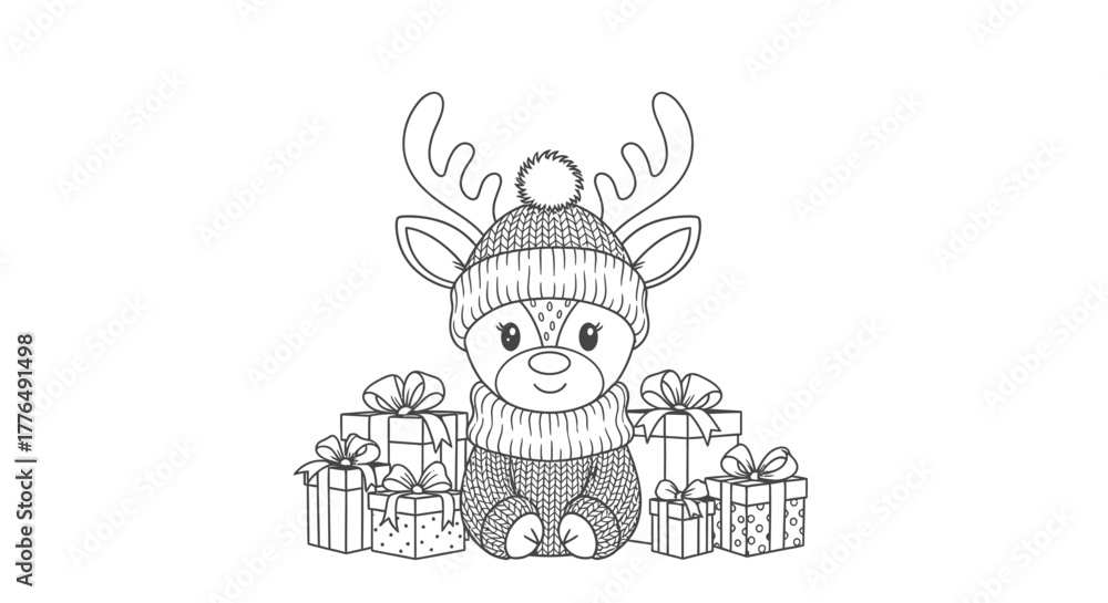 Fototapeta premium A cute cartoon reindeer wearing a hat and surrounded by wrapped gifts.