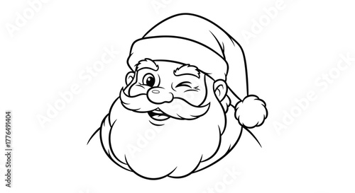 Black and white line art illustration of Santa Claus winking, wearing a festive hat and sporting a big beard.